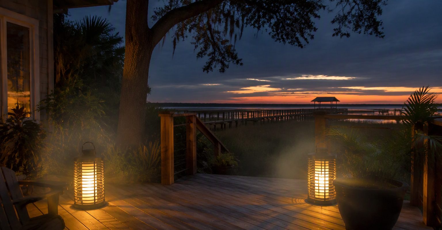 Marsh-side patio at dusk with citronella lanterns glowing